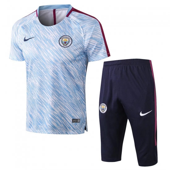 Manchester City Light Blue Stripe 2017/18 Short Training Suit - Click Image to Close
