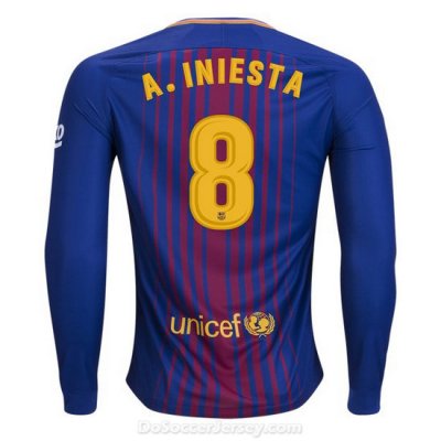 Barcelona 2017/18 Home A. Iniesta #8 Long Sleeved Shirt Soccer Jersey