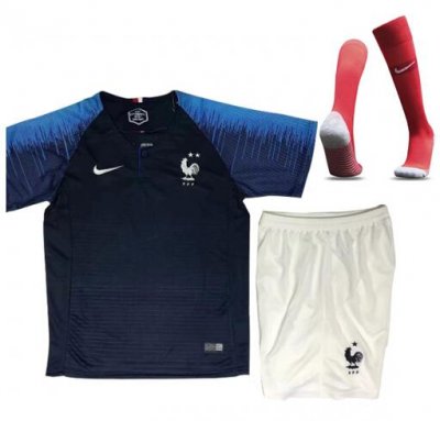 France 2 Stars 2018 World Cup Home Kids Soccer Kit Children Shirt + Shorts + Socks
