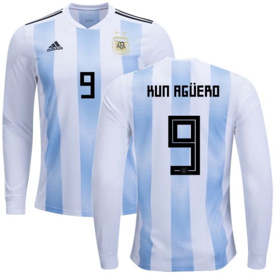 Argentina 2018 FIFA World Cup Home Sergio Aguero #9 LS Jersey Shirt - Click Image to Close
