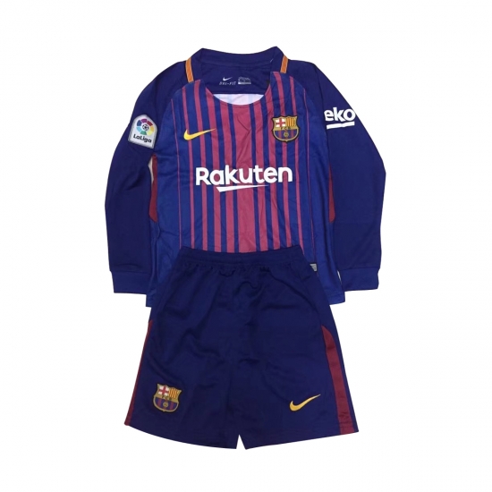 Barcelona 2017/18 Home Kids Long Sleeved Soccer Kit Children Shirt And Shorts - Click Image to Close