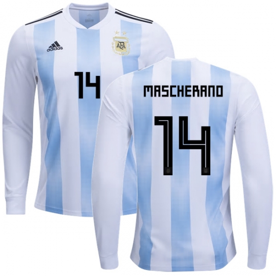 Argentina 2018 FIFA World Cup Home Javier Mascherano #14 LS Jersey Shirt - Click Image to Close