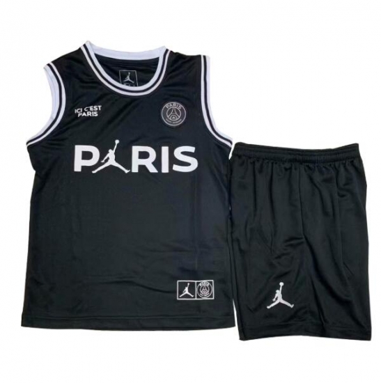 PSG x Jordan 2018/19 Third Kids Black Basketball Jersey Kits - Click Image to Close