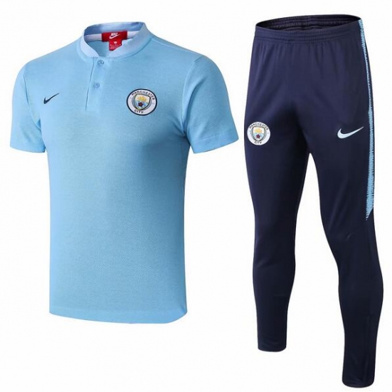 Manchester City 2018/19 Light Blue Suit Polo Shirt + Pants - Click Image to Close