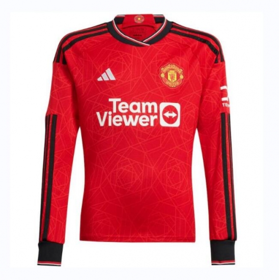 Men Long Sleeve 2023/24 Manchester United Home Soccer Jersey - Click Image to Close