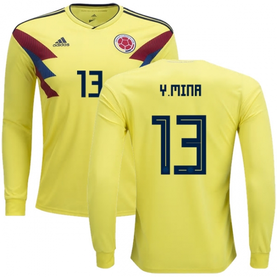 Colombia 2018 World Cup YERRY MINA 13 Long Sleeve Home Shirt Soccer Jersey - Click Image to Close
