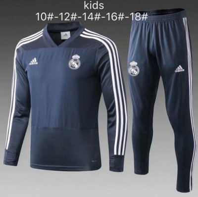 Kids Real Madrid 2018/19 Grey V-Neck Training Suit (Sweat Shirt+Pants)