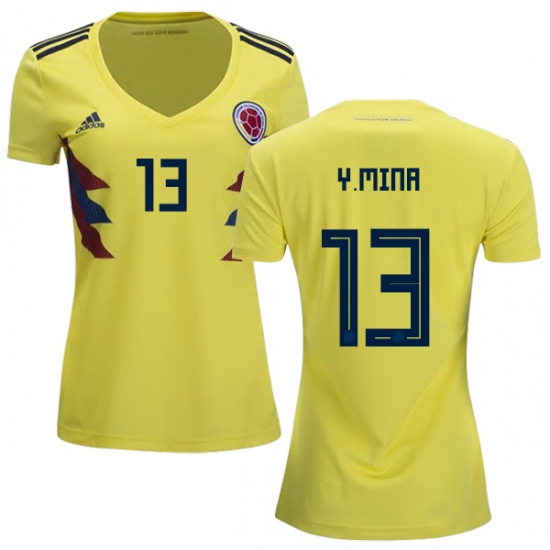 Colombia 2018 World Cup YERRY MINA 13 Women's Home Shirt Soccer Jersey - Click Image to Close