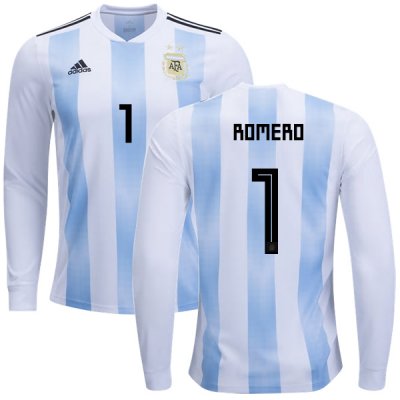 Argentina 2018 FIFA World Cup Home Sergio Romero #1 LS Jersey Shirt