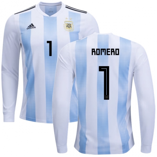 Argentina 2018 FIFA World Cup Home Sergio Romero #1 LS Jersey Shirt - Click Image to Close