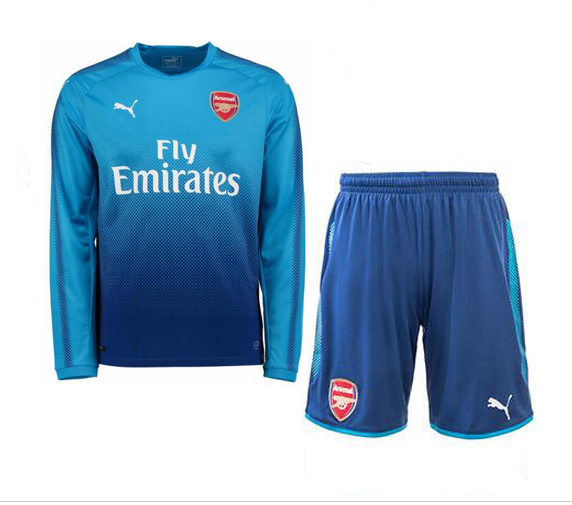 Arsenal 2017/18 Away Blue Long Sleeve Soccer Jersey Uniform (Shirt+Shorts) - Click Image to Close