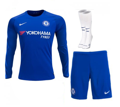 Chelsea 2017/18 Home Long Sleeve Soccer Jersey Kits (Shirt+Shorts+Socks) - Click Image to Close
