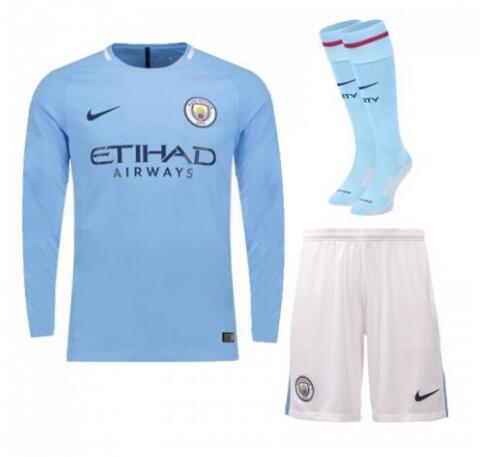 Manchester City 2017/18 Home Blue Long Sleeve Soccer Jersey Kits