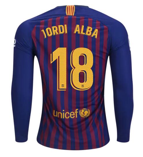Barcelona 2018/19 Home Jordi Alba 18 Long Sleeve Shirt Soccer Jersey - Click Image to Close