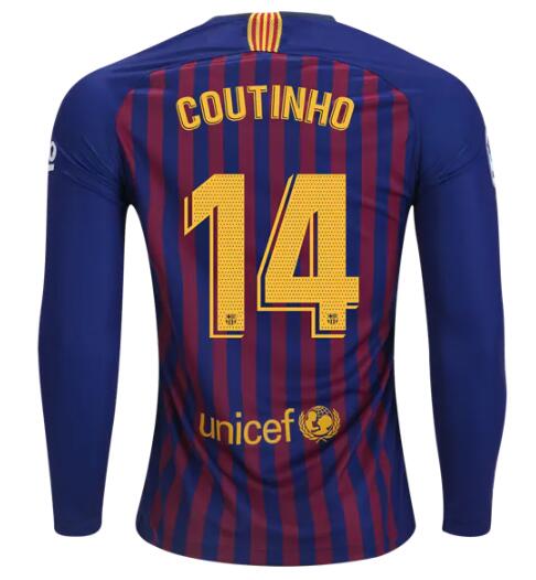 Barcelona 2018/19 Home Philippe Coutinho 14 Long Sleeve Shirt Soccer Jersey - Click Image to Close