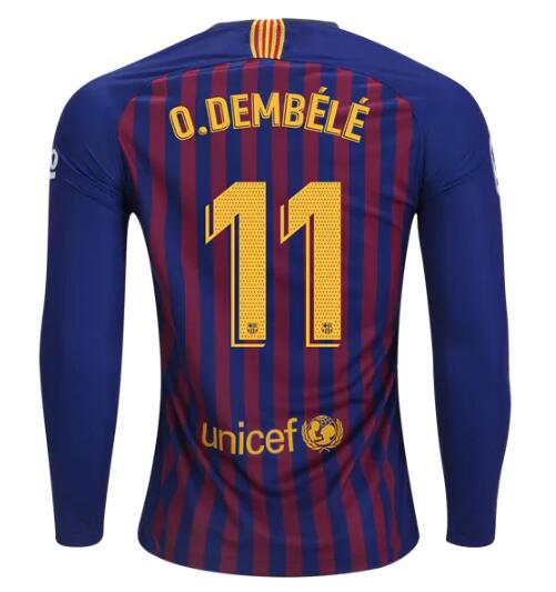 Barcelona 2018/19 Home Ousmane Dembele 11 Long Sleeve Shirt Soccer Jersey - Click Image to Close