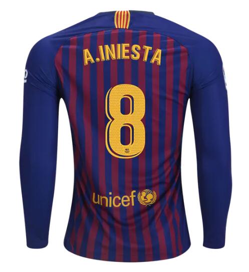 Barcelona 2018/19 Home Andres Iniesta 8 Long Sleeve Shirt Soccer Jersey - Click Image to Close