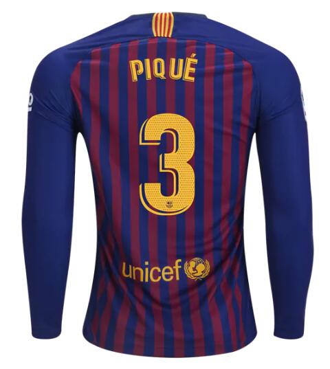 Barcelona 2018/19 Home Gerard Pique 3 Long Sleeve Shirt Soccer Jersey - Click Image to Close