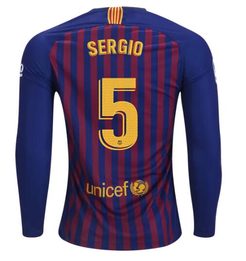 Barcelona 2018/19 Home Sergio Busquets 5 Long Sleeve Shirt Soccer Jersey - Click Image to Close