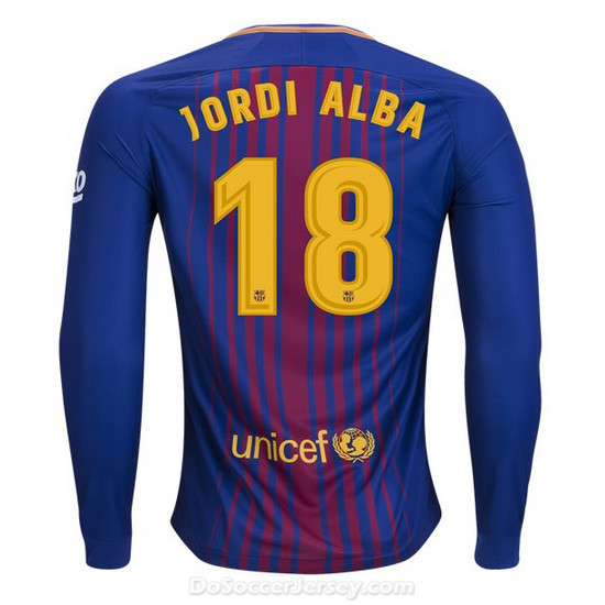 Barcelona 2017/18 Home Jordi Alba #18 Long Sleeved Shirt Soccer Jersey - Click Image to Close