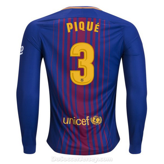 Barcelona 2017/18 Home Pique #3 Long Sleeved Shirt Soccer Jersey - Click Image to Close