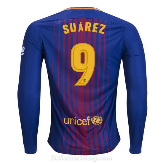 Barcelona 2017/18 Home Suarez #9 Long Sleeved Shirt Soccer Jersey - Click Image to Close