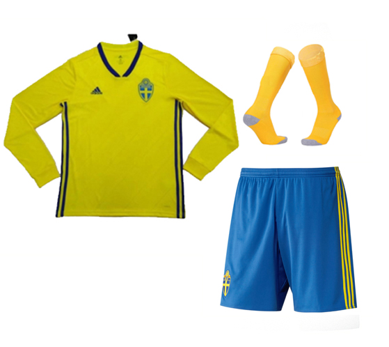 Sweden 2018 World Cup Home Long Sleeve Soccer Jersey Kits (Shirt + Shorts + Socks) - Click Image to Close